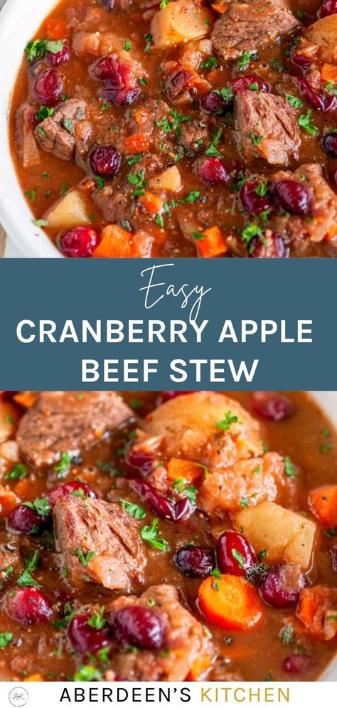 Cranberry Apple Beef Stew - Enjoy an autumn twist on this classic one pot comfort food recipe! Beef and veggies simmered to tender perfection with fresh apples, cranberries, and a touch of apple cider for a taste of fall! Beef And Veggies, Chicken Dishes Easy, Recipe Beef, Cranberry Apple, Autumn Recipes, Thanksgiving Dishes, Yummy Pasta Recipes, Beef Stew Recipe, Hearty Stews