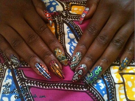 Manicure à l'africaine. Ankara design on nails. #unique Elegant Nail Polish, Nail Design Glitter, Nails Tumblr, Nail Art Kit, Beautiful Nail Art, Creative Nails, Wax Print, Nail Polishes, African Inspired