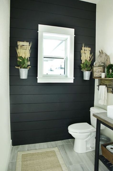 Black Shiplap, Farmhouse Bathroom Design, Shiplap Bathroom, Ship Lap, Bathroom Farmhouse Style, White Shiplap, Trendy Bathroom, Half Bathroom, Bath Room