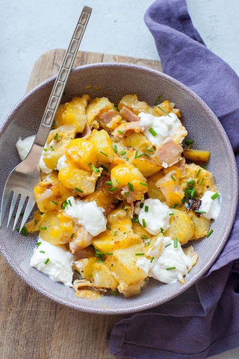 Potato Egg Scramble, Potatoes And Ham, Cooked Potatoes, Egg Scramble, Ham And Eggs, Cheesy Potato, Fried Mushrooms, Fajita Seasoning, Leftover Ham