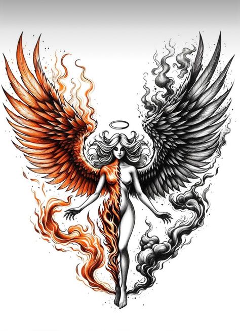 Phoenix Tattoo On Thigh For Women, Phoenix With Dream Catcher Tattoo, Phoenix And Woman Tattoo, Color Angel Tattoo, Back Tattoos For Women Dragon, Dark Feminine Sternum Tattoos, Phoenix Tattoo Ideas For Women, Phoenix Tattoo Back Women, Angel Wing Tattoo Designs For Women