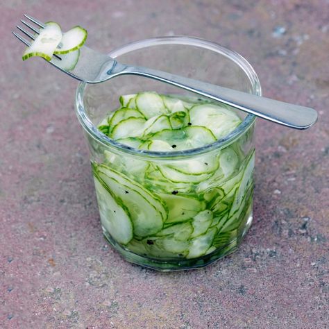 Cucumber Salad Sweet, Pickled Cucumber Salad, Danish Cuisine, Sliced Cucumber, Finnish Recipes, Creamy Cucumber Salad, Norwegian Food, Whole Roasted Chicken, Cucumber Recipes Salad