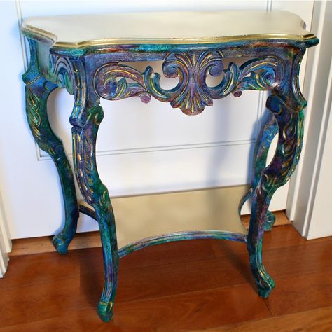 This table was 100% inspired by the work of Lauren Chapman, a furniture painter/artist.  A while back I saw a table she painted (on FB) wit... Antique Bookshelves, Celebrity Home, Chrissy Metz, Tony Danza, Crooked House, Leann Rimes, Unicorn Spit, Whimsical Furniture, Furniture Painting Techniques