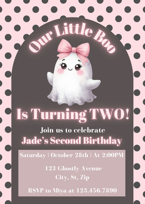 Celebrate your little one's special day with our "Our Little Boo Is Turning Two" Invite! This adorable Halloween birthday invitation features a cute ghost design, making it perfect for a fun and festive celebration. Easily customizable, this editable template allows you to personalize all the details to match your party theme. Download instantly and get ready to create unforgettable memories as your little boo turns two! Boo Turns Two, Little Boo Is Turning Two, Boo Is Turning Two, Birthday Invite Template, Ghost Party, Halloween Birthday Invitations, Ghost Design, Invite Template, Birthday Invitations Kids