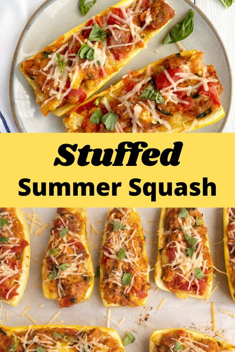 Summer Squash Boats Recipes, Yellow Squash Tomato Recipes, Stuffed Yellow Squash Boats, Summer Squash Boats, Squash Boats Yellow, Yellow Squash Boats Stuffed, Stuffed Yellow Squash Recipes, Yellow Squash Boats, Stuffed Squash Boats