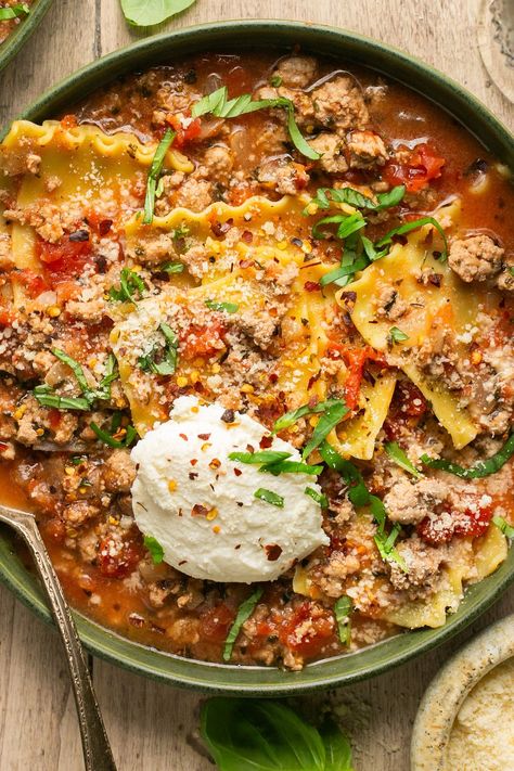 Turkey Sausage Lasagna Soup, Lasagna Soup With Ground Turkey, Lasagna Soup Turkey, Ground Turkey Tomato Soup, Italian Turkey Soup, Ground Turkey Lasagna Soup, Healthy Lasagna Soup Crockpot, High Protein Lasagna Soup, Lasagna Soup Healthy