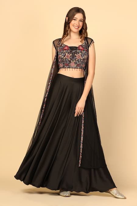 Crop Top Sharara Set With Jacket, Satin Sharara, Cape Dress Indian, Blouse And Sharara, Net Frocks, Black Sequin Blouse, Leaf Sleeve, Sheer Cape, Crop Top Lehenga