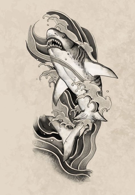 I will create a japanese tattoo design for you Japanese Shark Tattoo Design, Japanese Shark Tattoo, Shark Tattoo Design, Shark Tattoo Meaning, Traditional Sailor Tattoos, Tattoo Shark, Hai Tattoo, Magic Runes, Shark Drawing