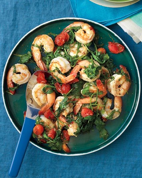 You can serve this quick saute over rice or toss it with your favorite pasta -- Sauteed Shrimp with Arugula and Tomatoes Recipe Arugula Recipes, Produce Recipes, Lobster Salad, Martha Stewart Recipes, Sauteed Shrimp, Pot Luck, Shape Magazine, Shrimp Dishes, Holiday Meals