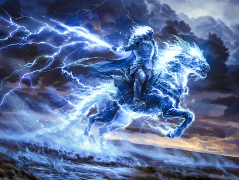 Electrider's Lightning Bond,  on ArtStation at https://www.artstation.com/artwork/PXQ6Gr Lightning Character Design, Lightning Knight, Lightning Elemental, Lightning Mage, Storm Elemental, God Of Storms, Lightning God, Lightning Magic, Ice Horse