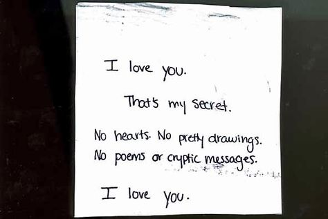 I love you. That's my secret. No hearts. No pretty drawings. No poems or cryptic messages. I love you. Cryptic Quotes, Loving You For Him, Cryptic Messages, Post Secret, Quotes About Love, Pretty Drawings, L Love You, The Perfect Guy, Love Notes