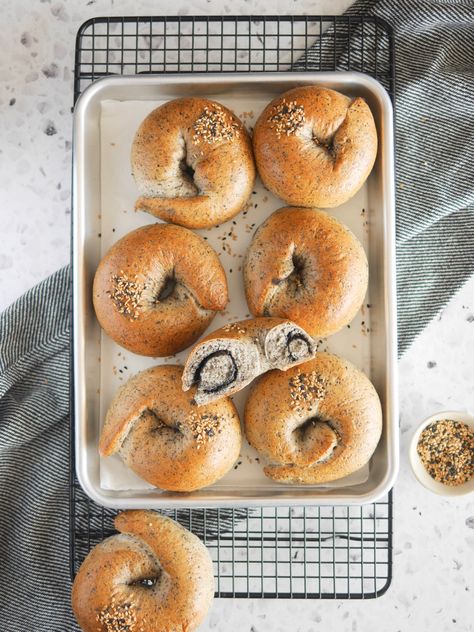 Filled black sesame bagels on the tray with a rack and a cloth under Black Sesame Paste, Sesame Bagel, Bagel Recipe, Black Sesame Seeds, Black Food, Black Sesame, Instant Yeast, Bread Flour, New Flavour