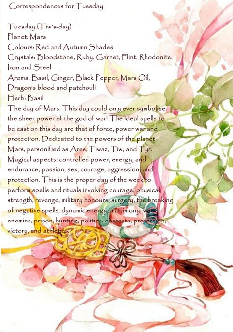 Correspondences for Tuesday Tuesday Correspondences, Tuesday Magickal Correspondences, Wicca Correspondences, Tuesday Magick, Tuesday Magic, Witch Resources, Candle Coloring, Magickal Correspondences, Daily Magic