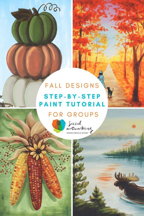 Fall for these autumn inspired paintings and create your own work of art. New fall designs, perfect for groups and paint parties. #paintparty #fallpaintings #painttutorials Fall Painting Templates, Easy Fall Painting Tutorial, Small Fall Canvas Painting, Fall Sip And Paint Ideas For Beginners, Paint Party Tutorials Step By Step, Fall Wine And Paint Ideas, Fall Simple Painting Ideas, Painting Ideas For Winter, Paint Night Fall Ideas