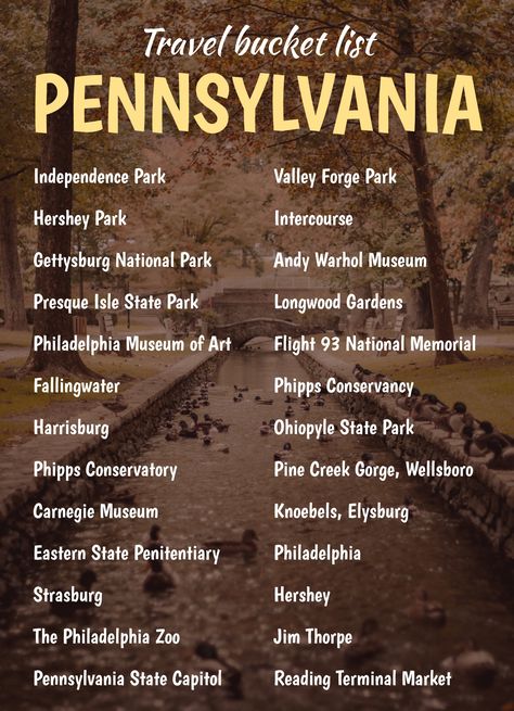 Pennsylvania Road Trip, Visit Pennsylvania, Pennsylvania Bucket List, Nebraska Travel, Google Docs Templates, Bucket List Template, Usa Bucket List, Pennsylvania Travel, Retirement Travel