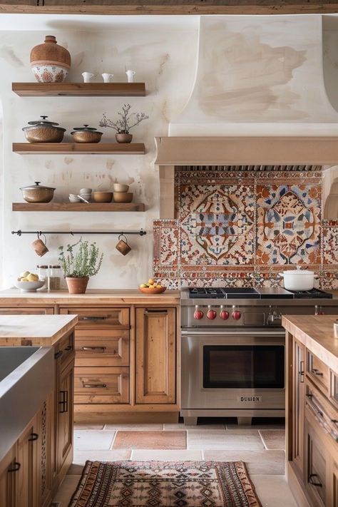 Imagine preparing meals in a kitchen inspired by the picturesque villas of Spain. Our Spanish villa kitchen ideas focus on incorporating terracotta accents and artisanal cabinets into your designs, bringing the vibrant atmosphere of Spain into the heart of your home. Morroco Kitchen Design, Spanish House Inspiration, Spanish Theme Kitchen, Italian Aesthetic Kitchen, Home Interior Design Spanish, Spanish Inspired Kitchen Hacienda Style, Mediterranean Home Kitchen, Spanish Boho Kitchen, Traditional Mexican Kitchen Design