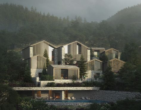 Gallery of Oppenheim Creates Secluded Swiss Resort to Frame Mountain Views - 3 Mountain Resort Architecture, Hillside Village, Terraced Landscaping, Mountain Hotel, Garden Site, Resort Architecture, Alpine Village, Resort Design, Hotel Architecture