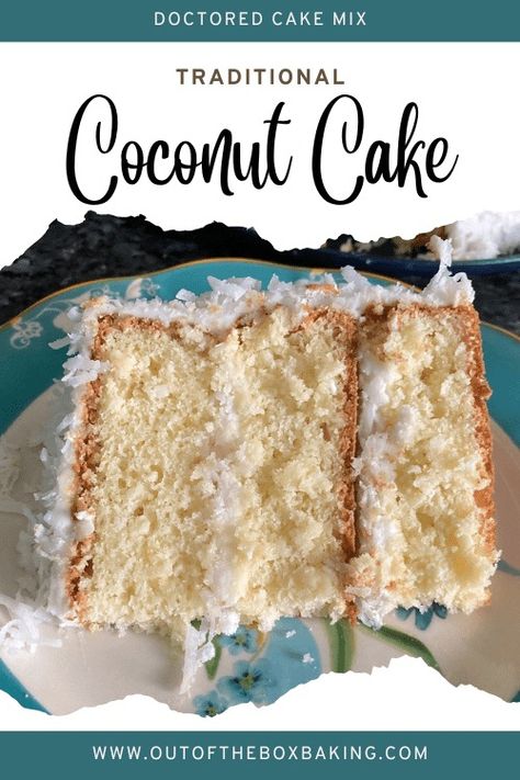 Traditional Coconut Cake (with Cream of Coconut Frosting) - Out of the Box Baking Cake Mix Coconut Cake, Cake Doctor Recipes, Southern Coconut Cake Recipe, The Best Coconut Cake, Southern Coconut Cake, Key Lime Bundt Cake, Best Coconut Cake, Best Coconut Cake Recipe, Cake Mix Doctor