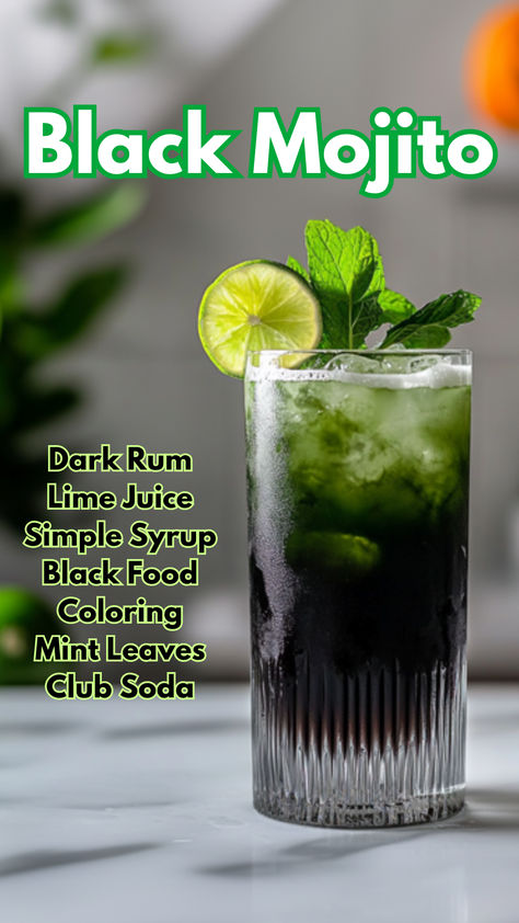 Black Mojito Black Mojito, Crazy Cocktails, Spooky Cocktails, Cocktail Cards, Fall Beverages, Starbucks Drinks Diy, Bar Stuff, Black Food Coloring, Best Cocktail Recipes