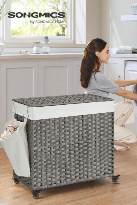 This laundry hamper has a large capacity and is easy to move and secure. It has a lid that helps to contain unpleasant odors and keeps dust out, and three separate sections that allow you to pre-sort your laundry into darks, lights, and colored clothing for easy washing. The laundry hamper also features a long pull handle and 4 wheels (2 with brakes) to make it a breeze to move or lock in place. Furthermore, the laundry hamper comes with a sturdy and durable 160 g/m² polyester liner that is it Grey Laundry Basket, Laundry Hamper With Wheels, Rolling Laundry Basket, Laundry Basket With Lid, Laundry Hamper With Lid, Laundry Basket Organization, Laundry Bin, Clothes Hamper, Washing Basket