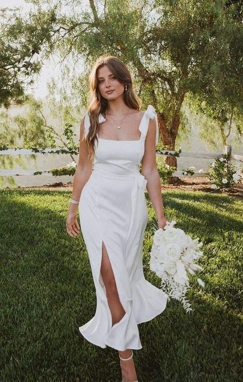 Simple Wedding Dress Midi Length, Midi Dress Civil Wedding, Garden Wedding Dress Simple Short, Midi Wedfing Dress, Simple White Dress For Civil Wedding Midi, Simple Midi Wedding Dress, Wedding Dress Hijab, Civil Dress, Midi Wedding Dress