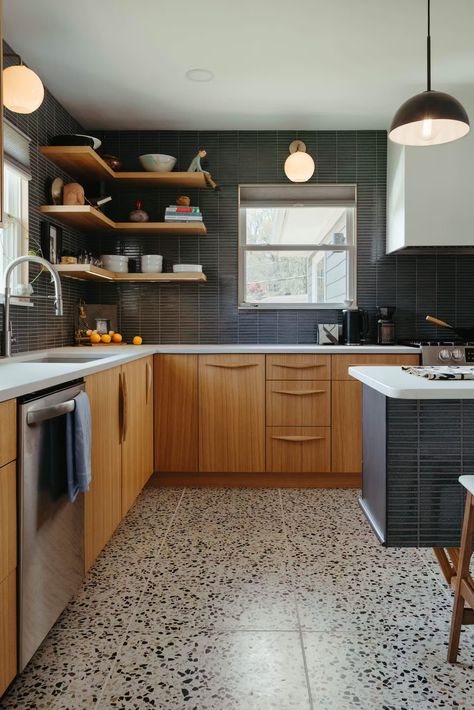 Photo 2 of 13 in The Tronu Pennington House by Friend Design & Architecture - Dwell Terrazzo Floor Kitchen, Terrazzo Flooring Kitchen, Kitchen Terrazzo, Stone Tile Backsplash, Terrazzo Floor, Mcm Kitchen, Winston Salem North Carolina, Cabinet Range Hood, Terrazzo Floors