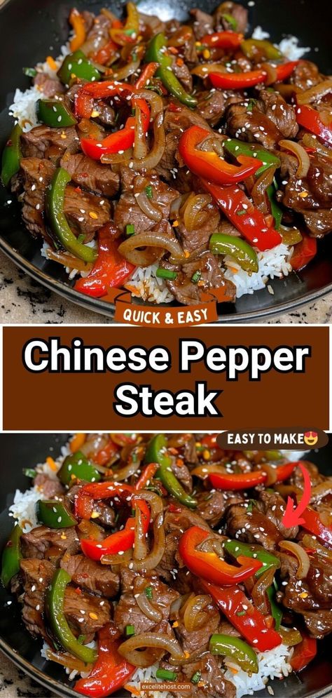 A delicious pepper steak recipe served with boiled white rice — easy and made from items I've already got in my cupboards. My mother clipped this recipe from somewhere and it became a specialty of mine Sliced Steak Recipes, Pepper Steak Recipe Easy, Peper Steak, Pepper Steak And Rice, Beef Pepper Steak, Pepper Steak And Onions, Beef And Peppers, Crockpot Pepper Steak, Chinese Pepper Steak