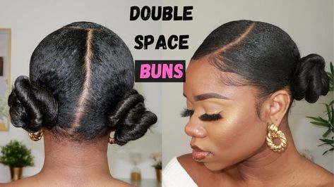 Hairstyle For Natural Hair : Sleek Double Space Buns - https://blackhairinformation.com/video-gallery/hairstyle-for-natural-hair-sleek-double-space-buns/ Double Space Buns, Hairstyle For Natural Hair, Natural Bun Hairstyles, Two Buns Hairstyle, Black Hair Bun, Hair Sleek, Double Space, Natural Hair Bun Styles, Curly Bun