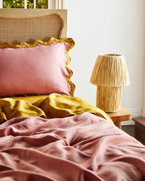 Pink Clay & Turmeric 100% French Flax Linen Scalloped Pillowcases (Set – Bed Threads Peach Bedding, Bed Threads, Pure Linen Bedding, Stripe Bedding, Yellow Bedding, Red Bedding, Set Bed, Material Bed, Bedding Brands