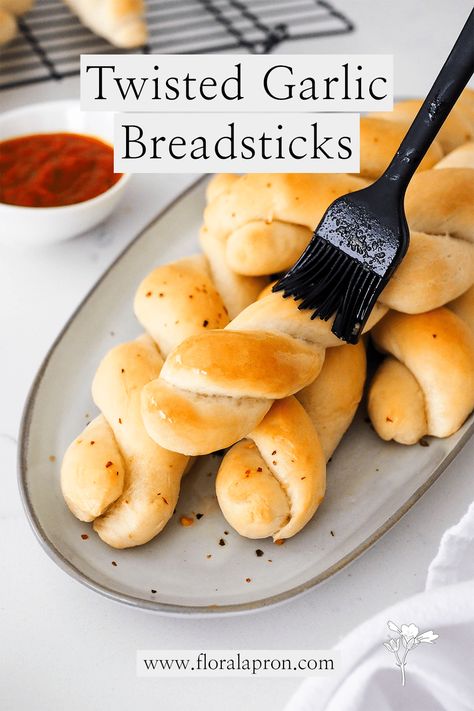 Garlic Twists, Garlic Twist, Bread Sticks Recipe, Garlic Breadsticks, Bread Sticks, Floral Apron, Yeast Bread, Fun Foods, Sweet Roll