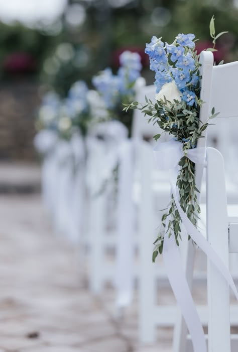 Chair Flowers Wedding Aisle Decorations, Dusty Blue Wedding Aisle Decor, Blue Ceremony Decor, Blue And White Wedding Ceremony Flowers, Dusty Blue Wedding Aisle, Blue And White Flowers For Wedding, Blue Aisle Decorations Wedding, Dusty Blue Aisle Decor, Wedding Aisle Flowers On Chairs