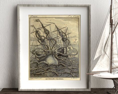 Octopus Triptychs Nautical & Botanical Art by SpottedOctopusShop Kraken Sea Monster, Octopus Art Print, Vintage Octopus, Octopus Art, Deco Retro, Framed Oil Painting, Home Decor Paintings, Kraken, Retro Stil