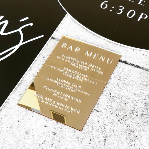 Bar Menu On Mirror, Mirror Bar Menu Wedding, Bar Mirror Sign, Au Vodka, Black Bar Sign Wedding, Arch Bar Menu Sign, Gold Signage, Mirror Centerpiece, Menu Signage