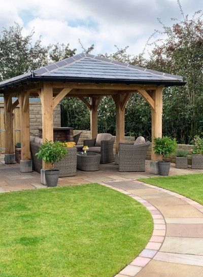 Flat Roof Gazebo, Gazebo Ideas Backyard, Oak Gazebo, Enclosed Gazebo, Gazebo Design, Hipped Roof, Garden Improvement, Gazebo Roof, Gazebo Ideas