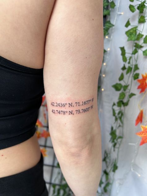 Cordnites Tattoo, Coordinates Tattoo Placement, Coordinate Tattoos, Coordinate Tattoo Ideas, Coordinates Tattoo, Mom Tattoo, Dainty Tattoos, Mom Tattoos, Tattoo Placement