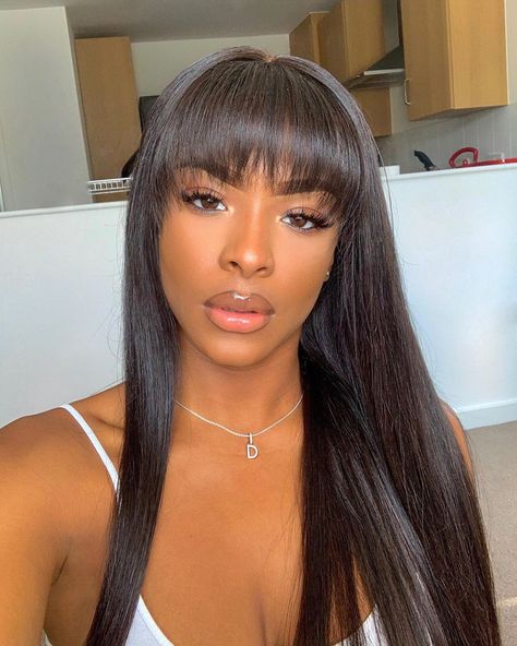 Destinee on Instagram: “Needed to add a full fringe wig to my collection so here’s another full lace wig from @wowafrican cut & installed by @csuitelounge 🤪💕” Quick Weave Hairstyles, Flat Twist, Long Hair With Bangs, Long Black Hair, Lace Hair, Long Straight Hair, Brazilian Human Hair, Straight Human Hair, Wigs With Bangs