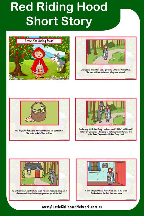 Little Red Riding Hood Story Posters tell the story of Little Red Riding Hood. It is a fairy tale about a young girl who comes across a cunning wolf on the way to her grandmother's home. These are great to read during group time and to display in the book area. Red Riding Hood Story Free Printable, Story Telling Pictures, Live Worksheet, Red Riding Hood Book, Aussie Childcare Network, Red Riding Hood Story, Book Area, Red Riding Hood Art, Fractured Fairy Tales