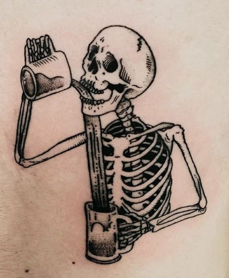 Skeleton With Beer Tattoo, Mens Skeleton Tattoo, Men Skeleton Tattoo, Skeleton Tattoo For Men, Skeleton Beer Tattoo, Skeleton Drinking Tattoo, American Traditional Skeleton Tattoo, Funny Tattoo Ideas For Men, Skeleton Flash Tattoo