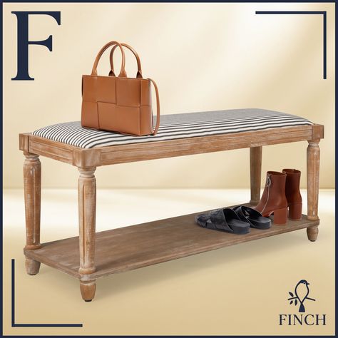 Finch Graydon Upholstered Bench, Distressed Natural - Bed Bath & Beyond - 28360050 Entryway Seat, Remove Your Shoes, Unique Cottages, Bench Pillows, Rustic Materials, Cleaning Wood, Turned Wood, Foot Stool, Living Styles