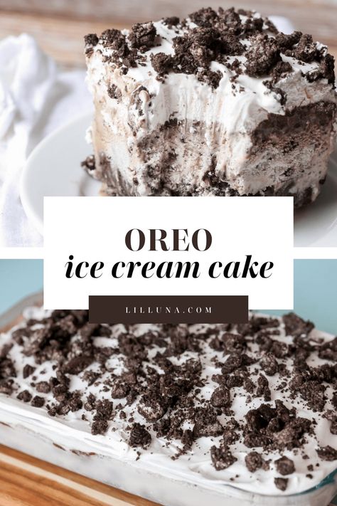 Oreo Ice Cream Cake makes for the perfect no-bake dessert during warm summer months. Best of all, it only takes 5 simple ingredients! #oreoicecreamcake #icecreamcake #oreo #icecream #cake Cookies And Cream Ice Cream Cake, Ice Cream Cakes Homemade, Ice Cream Sandwich Cake Recipe, Diy Ice Cream Cake, Oreo Ice Cream Cake, Easy Ice Cream Cake, Homemade Ice Cream Cake, College Food, Ice Cream Sandwich Cake