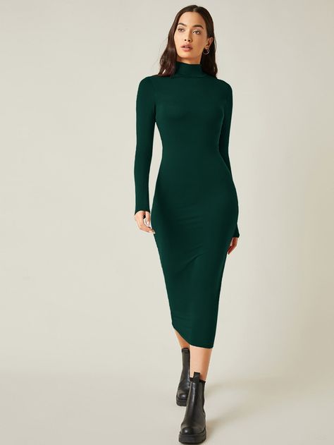 Dark Green Dress Outfit Casual, Long Sleeve Bodycon Dress Outfit, Dark Green Dress Long, Green Dress Long Sleeve, Dress Long Sleeve Casual, Square Neck Wedding Dress, Green Dress Outfit, Shein Basics, Forest Green Dresses