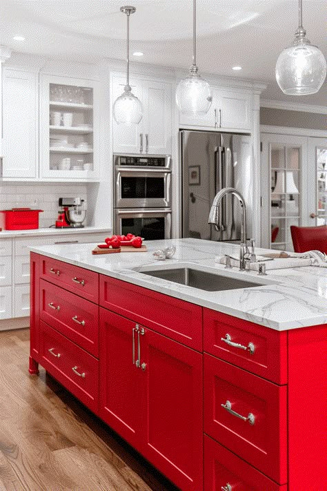 bright red island, white kitchen and small red appliances Red Kitchen Appliances, Red Kitchens, Red Appliances, Red Kitchen Island, Materials Board Interior Design, Coastal Kitchen Decor, Purple Kitchen, Coastal Kitchen, Home Space