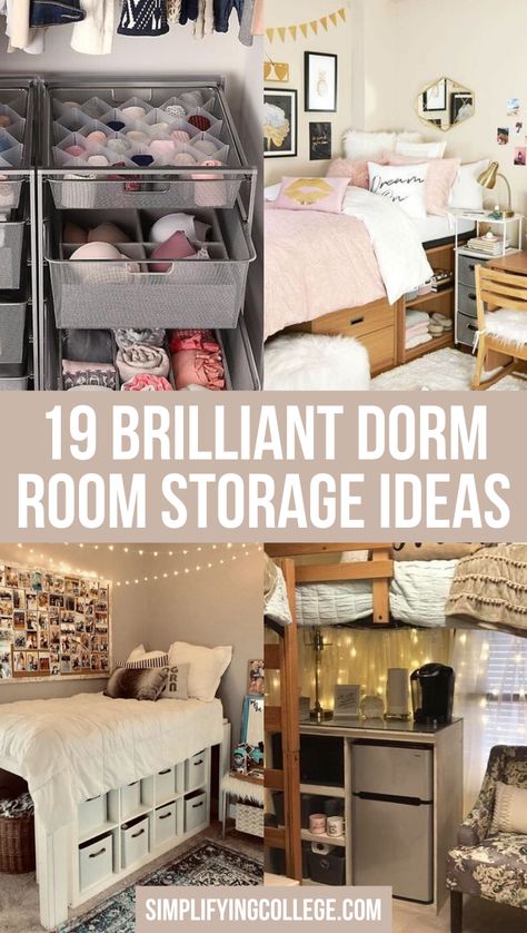 Dorm Room Clothes Organization, Storage For College Dorms, Dorm Room Neccesities, Dorm Room Picture Wall Ideas Cork Boards, Small Dorm Organization Ideas, College Dorm Shoe Storage, Triple Dorm Room Ideas College Students, Best Dorm Storage Ideas, Dorm Bedside Table Ideas