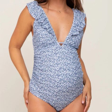 Beautiful Blue Floral Maternity Swimsuit With Ruffle Detailing, Plunge Neckline And Tie Detail At Back. Only Selling Cause I Didn’t Use It While Pregnant. Hygienic Panty Liner Still In Place. Maternity Swimsuit Two Piece, Maternity Beach Outfits, Pregnancy Bathing Suits, Outfits With Pleated Skirts, Pregnant Swimsuit, Pregnancy Swimsuit, Plus Size Athleisure Outfits, Manifest 2024, Maternity One Piece Swimsuit