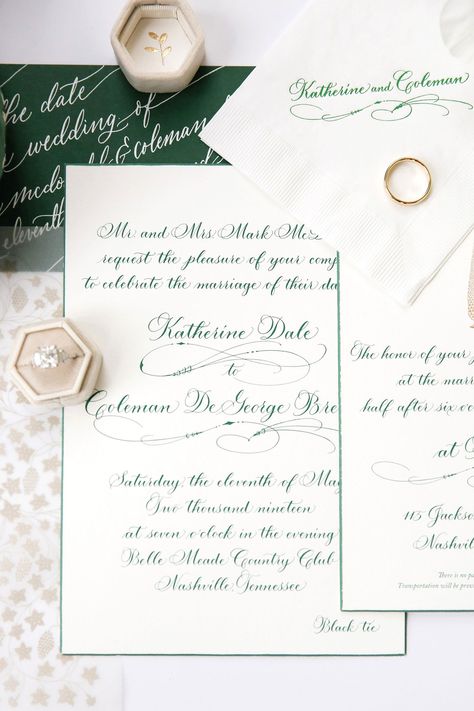 Dark Green Wedding Stationery, Green And White Save The Date, Emerald Wedding Invitations, White Green Wedding, Black Tie Wedding Invitations, Country Club Reception, Dark Green Wedding, Dragon Wedding, Blue White Weddings