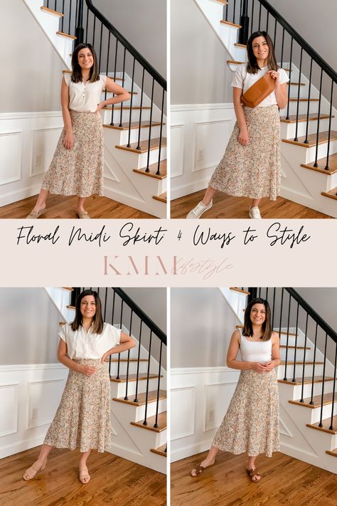 Skirt Styling, How To Style A Floral Skirt, Midi Skirt Outfit Spring, Floral Midi Skirt Outfit, Flora Skirt, Midi Skirts Summer, Spring Skirt Outfits, Spring Wardrobe Essentials, White Collared Shirt