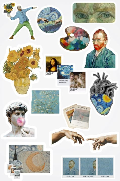 Stickers Art | Sticker art, Aesthetic stickers, Scrapbook stickers printable Collage Stickers Art Journals, Van Gogh Stickers Printable, Sticker Pages Aesthetic, Van Gogh Scrapbook, Bujo Stickers Printable, Recortes Aesthetic, Van Gogh Stickers, Van Gogh Printable, 귀여운 음식 그림