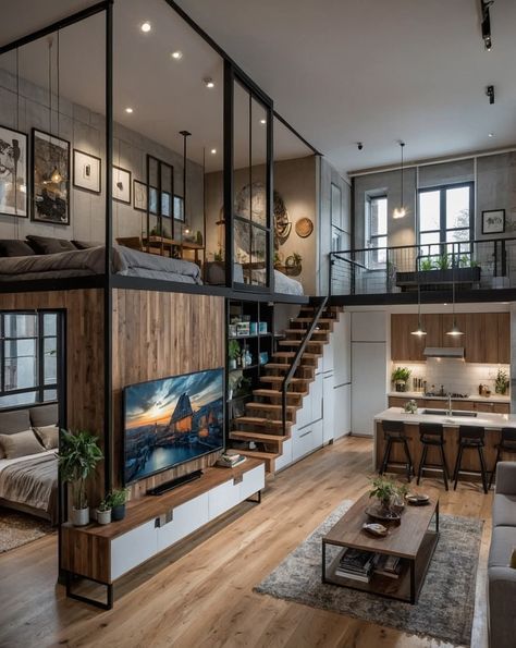 Floor To Ceiling Windows Living Room Apartment, Mini Home Layout, Loft House Interior Design, Big Window Living Room, Small Square House, Small Loft House Design, Small Home Layout, Best Tiny House Designs, Loft House Design