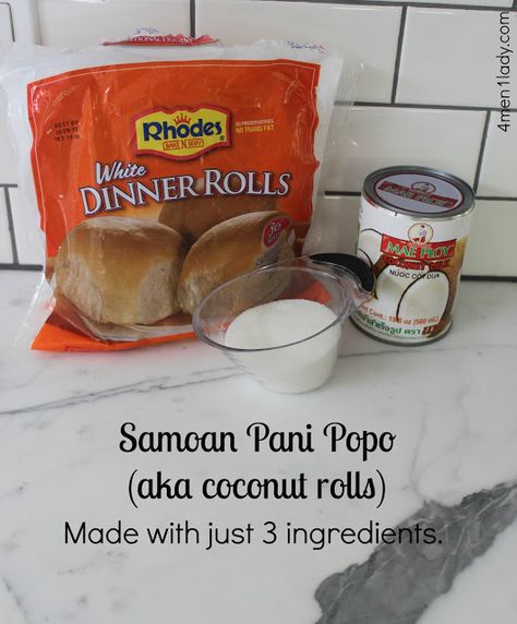 Coconut rolls.  from Three Men and a Lady Poni Popo Recipe, Panipopo Recipe Easy Dinner Rolls, Samoan Dishes, Pani Popo Recipe, Samoan Recipes, Pani Popo, Coconut Rolls, Guam Recipes, Samoan Food