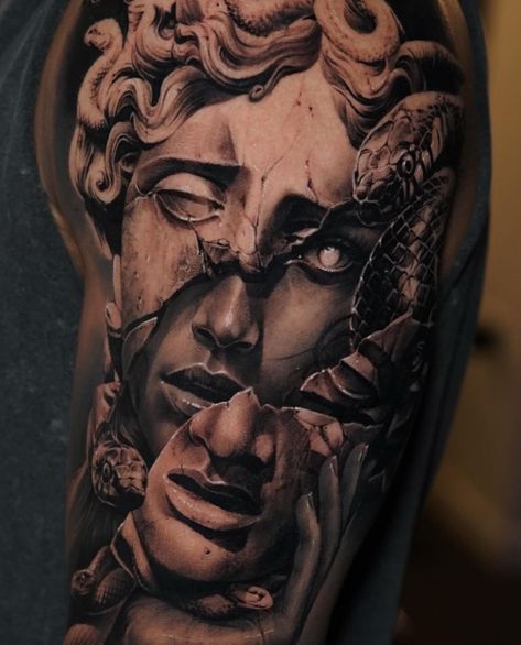 Greek God Tattoos For Men Leg, Upper Arm Tattoo Designs Men, Perseus Tattoo Greek Mythology, Roman Woman Tattoo, Greek And Roman Tattoos, Stone Statue Tattoo, Greek Style Tattoos Men, Greek Mythology Chest Tattoo, Sleeve Greek Mythology